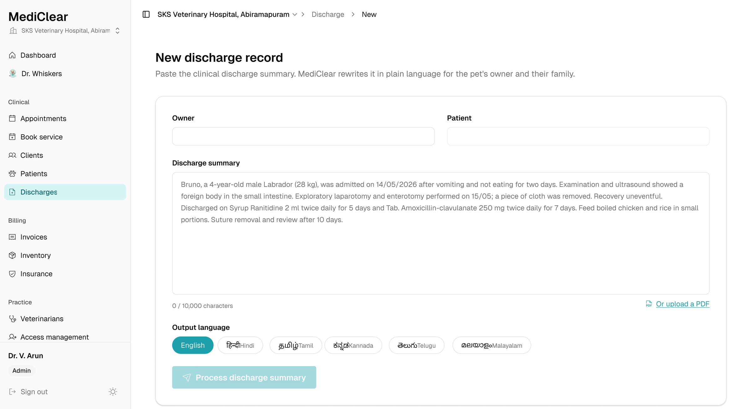 MediClear: the new discharge record screen, with a clinical summary pasted into the input and a row of output language options: English, Hindi, Tamil, Kannada, Telugu, Malayalam