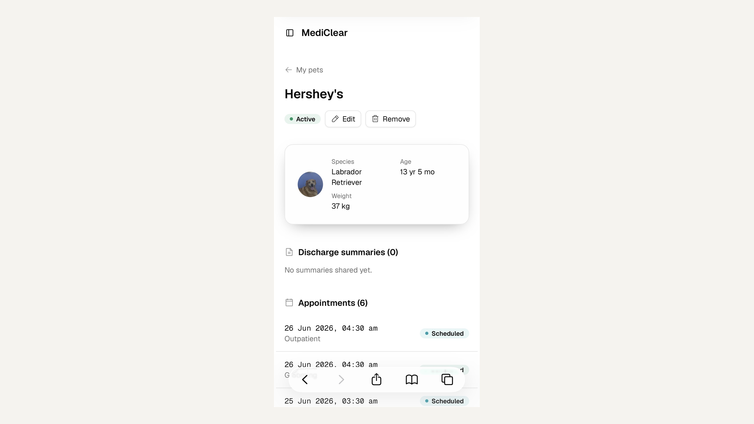 MediClear: the pet parent portal on mobile, showing Hershey's record: species, age, weight, discharge summaries, and upcoming appointments